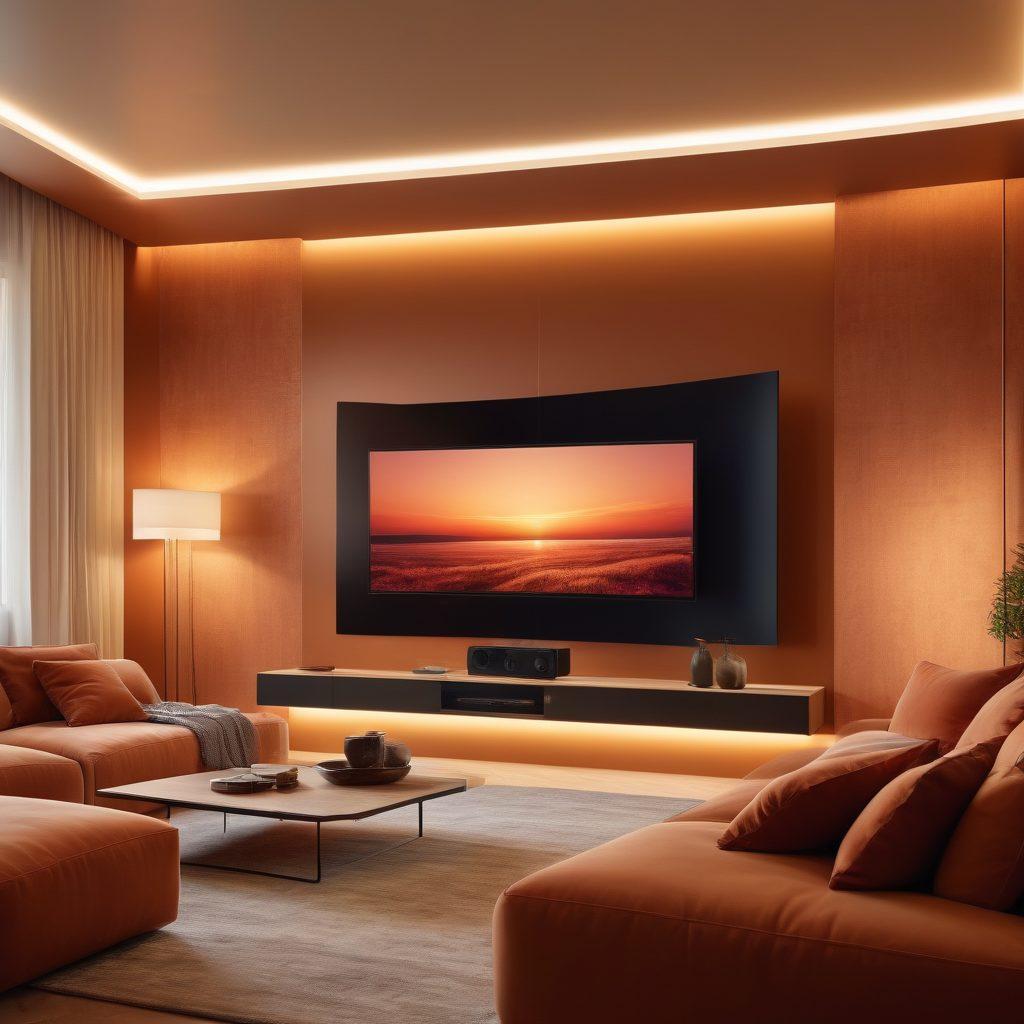 A captivating scene showcasing a stylish, modern living room bathed in soft, warm lighting, with a large, high-tech screen displaying a live streaming event. A couple sits comfortably on a plush sofa, their expressions conveying intrigue and connection. Subtle hints of technology, like VR headsets and glowing control panels, enhance the atmosphere. The backdrop features elegant decor elements that imply intimacy and innovation. digital art. vibrant colors. warm tones.