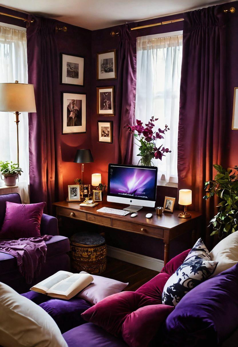 A cozy and inviting room adorned with soft lighting, colorful drapes, and plush cushions, showcasing a desktop with a webcam set up, surrounded by artistic sketches and intimate decor. The atmosphere should evoke warmth and allure, with subtle hints of sensuality. Include a figure engaging with the webcam in a confident, graceful pose. The colors should be rich and saturated, blending shades of deep reds and purples. super-realistic. warm tones. intimate ambiance.